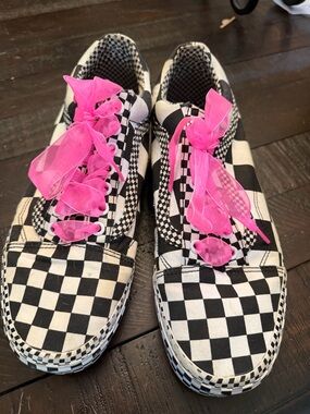 Checkerboard Skate Sneakers with Hot Pink Ribbon Laces